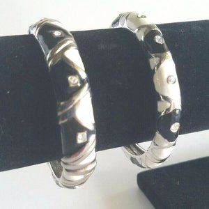 SILVER TONE BLACK WHITE ENAMEL RHINESTONE HINGED BANGLE BRACELET SET OF 2